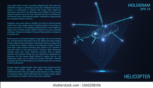 Helicopter hologram. Digital and technological background of the helicopter. The helicopter consists of rays of light