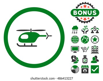 Helicopter icon with bonus pictogram. Vector illustration style is flat iconic bicolor symbols, green and gray colors, white background.