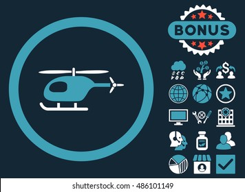 Helicopter icon with bonus pictures. Vector illustration style is flat iconic bicolor symbols, blue and white colors, dark blue background.