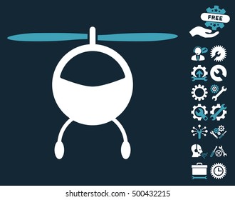 Helicopter icon with bonus setup tools icon set. Vector illustration style is flat iconic symbols, blue and white colors, dark blue background.