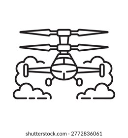 helicopter icon with clouds in black and white