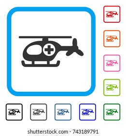 Helicopter icon. Flat grey iconic symbol inside a light blue rounded squared frame. Black, gray, green, blue, red, orange color additional versions of Helicopter vector.