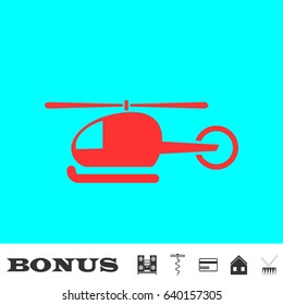 Helicopter icon flat. Red pictogram on blue background. Vector illustration symbol and bonus buttons Music center, corkscrew, credit card, house, drum
