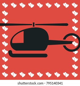 Helicopter icon flat. Simple black pictogram on red background with white hearts for valentines day. Vector illustration symbol