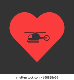 Helicopter icon flat. Simple pictogram on heart background. Vector illustration symbol