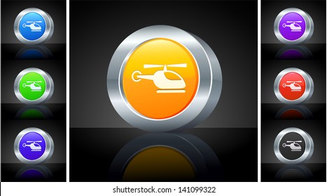 Helicopter Icon on 3D Button with Metallic Rim Original Illustration 