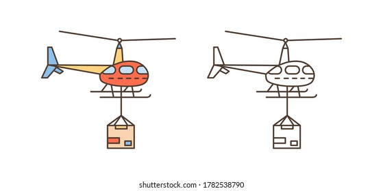 Helicopter icon with package box. Delivery shipment symbol, aircraft service. Cargo parcel transportation. Postal air logistics. Flat vector line art illustration isolated on white background
