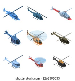 Helicopter icon set. Isometric set of helicopter vector icons for web design isolated on white background