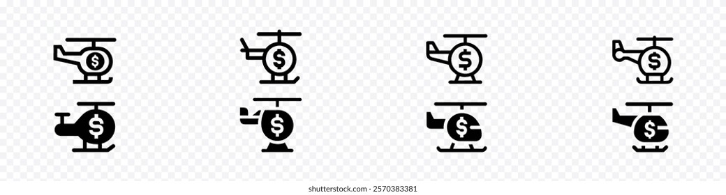 Helicopter icon set. Helicopter rental service icon, rent Helicopters, hire a Helicopter icon set, Helicopter with dollar sign