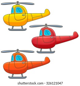 Helicopter icon set. Three cartoon funny colorful retro helicopters: yellow, orange and red vintage submersibles. Vector eps 10 illustration isolated on white background.