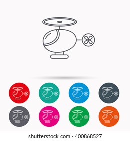 Helicopter icon. Urban air transport sign. Linear icons in circles on white background.