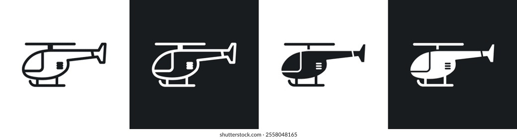 Helicopter icons pack in black and white filled and outlined versions.