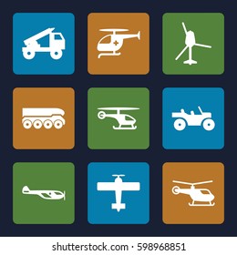 helicopter icons set. Set of 9 helicopter filled icons such as truck rocket, weapon truck 