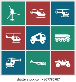 Helicopter icons set. set of 9 helicopter filled icons such as truck rocket