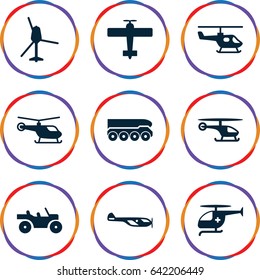 Helicopter icons set. set of 9 helicopter filled icons such as weapon truck