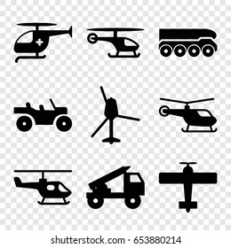 Helicopter icons set. set of 9 helicopter filled icons such as truck rocket, weapon truck