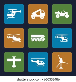 Helicopter icons set. set of 9 helicopter filled icons such as truck rocket, weapon truck
