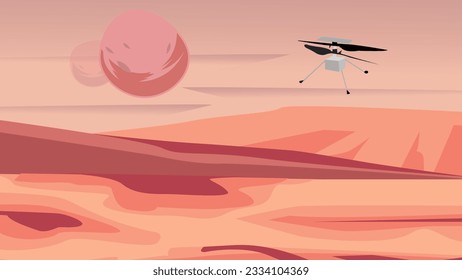 Helicopter Ingenuity exploring Mars, Helicopter (drone) flying over planet Mars desert.