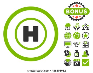 Helicopter Landing icon with bonus design elements. Vector illustration style is flat iconic bicolor symbols, eco green and gray colors, white background.