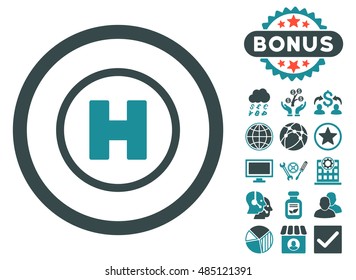 Helicopter Landing icon with bonus images. Vector illustration style is flat iconic bicolor symbols, soft blue colors, white background.