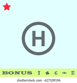 Helicopter landing icon flat. Grey pictogram on blue background. Vector illustration symbol and bonus buttons medal, cow, earth, eye, calculator