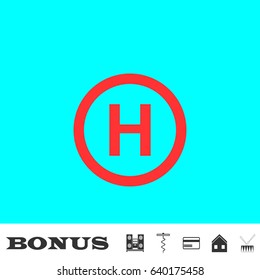 Helicopter landing icon flat. Red pictogram on blue background. Vector illustration symbol and bonus buttons Music center, corkscrew, credit card, house, drum