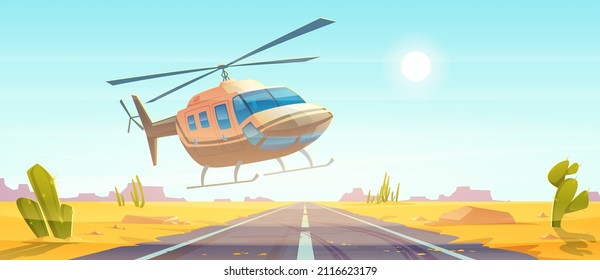 Helicopter landing on empty road at desert nature landscape with yellow sand and cacti. Aviation, air tourism, adventure concept with chopper at Sahara background, Cartoon vector illustration