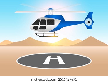 Helicopter Landing on Helipad. Vector Illustration. 