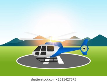 Helicopter Landing on Helipad. Vector Illustration. 