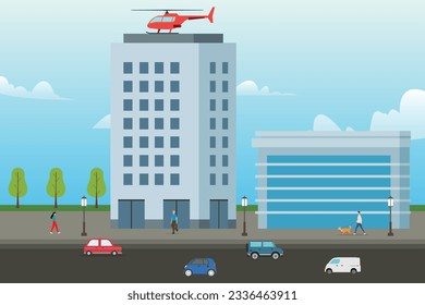 aterrizaje en helicóptero sobre la construcción del concepto de ilustración 2d vectorial para banner, sitio web, ilustración, página de aterrizaje, volante, etc