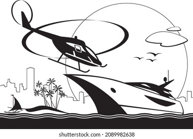 Helicopter landing on yacht near the coast – vector illustration