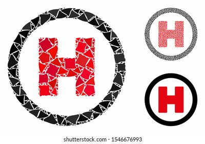 Helicopter landing spot composition of inequal pieces in variable sizes and color tinges, based on helicopter landing spot icon. Vector tuberous pieces are united into mosaic.