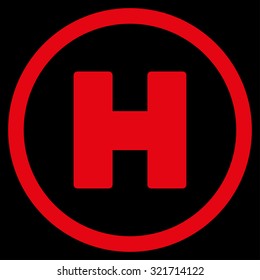 Helicopter Landing vector icon. Style is flat symbol, red color, rounded angles, black background.