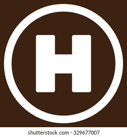 Helicopter Landing vector icon. Style is flat symbol, white color, rounded angles, brown background.