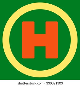 Helicopter Landing vector icon. Style is flat bicolor orange and yellow symbol, rounded angles, green background.