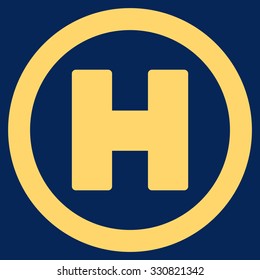 Helicopter Landing vector icon. Style is flat yellow symbol, rounded angles, blue background.