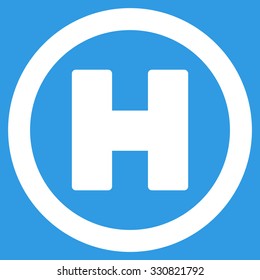 Helicopter Landing vector icon. Style is flat white symbol, rounded angles, blue background.