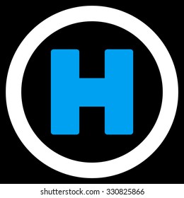 Helicopter Landing vector icon. Style is flat bicolor blue and white symbol, rounded angles, black background.