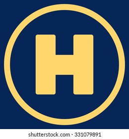 Helicopter Landing vector icon. Style is flat yellow symbol, rounded angles, blue background.
