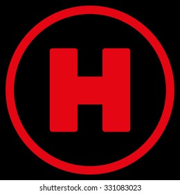 Helicopter Landing vector icon. Style is flat red symbol, rounded angles, black background.