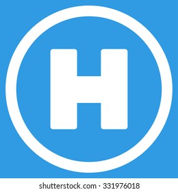 Helicopter Landing vector icon. Style is flat symbol, white color, rounded angles, blue background.