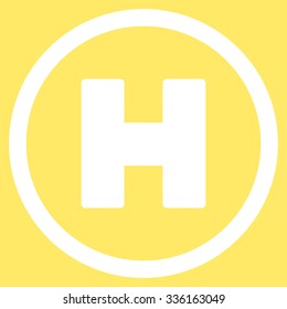 Helicopter Landing vector icon. Style is flat symbol, white color, rounded angles, yellow background.