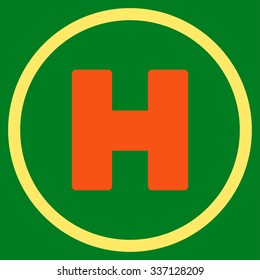 Helicopter Landing vector icon. Style is flat bicolor orange and yellow symbol, rounded angles, green background.