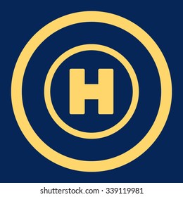 Helicopter Landing vector icon. Style is flat rounded symbol, yellow color, rounded angles, blue background.