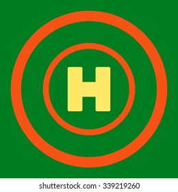 Helicopter Landing vector icon. Style is bicolor flat rounded symbol, orange and yellow colors, rounded angles, green background.