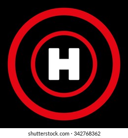 Helicopter Landing vector icon. Style is bicolor flat rounded symbol, red and white colors, rounded angles, black background.