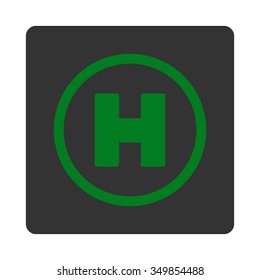 Helicopter Landing vector icon. Style is flat rounded square button, green and gray colors, white background.