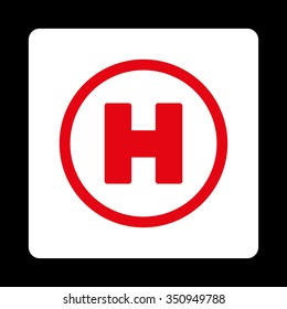 Helicopter Landing vector icon. Style is flat rounded square button, red and white colors, black background.