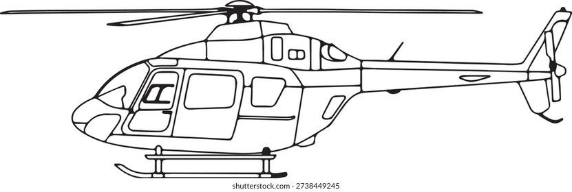 Helicopter Line Art Illustration, a simple vector outline drawing of a chopper or aircraft for blueprint and design concepts
