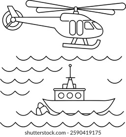 Helicopter line art, Vector line art,  in Black and White